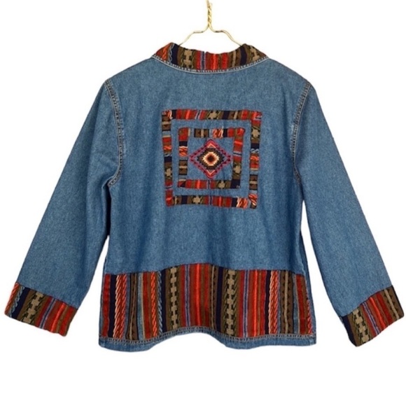 Vintage Tops - Christina Hope Vintage Aztec Embroidered Detail Denim Shacket Button Down Top
